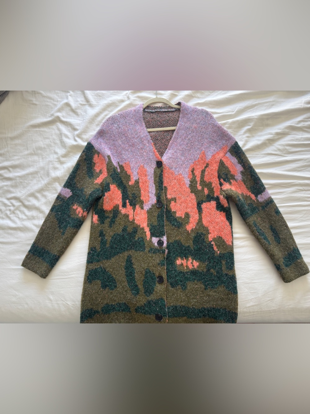 Colorblock Abstract Pattern Button Cardigan - Olive, Coral & Lavender